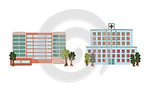 Municipal City Building with Hospital and Office Construction Vector Set