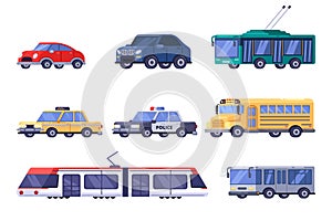 Municipal city public and personal transport set. Vector flat vehicle illustration. Car, tram, bus, trolleybus, train