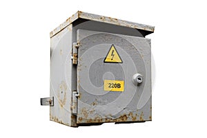 Municipal electrical grey outdoor cabinet with hazard sign