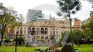 Municipal Theatre of SÃÂ£o Paulo Theatro Municipal de SÃÂ£o Paulo view from Ramos De Azevedo Square in a raining day, Brazil