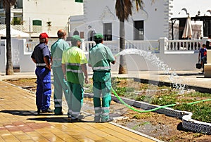 Municipal workers watering a garden city