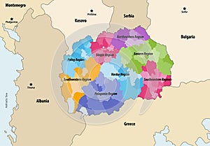 Municipalities of North Macedonia colored by regions with neighbouring countries and territories vector map