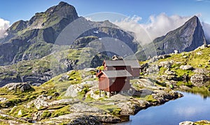 Munkebu Hut on the way to Munkan peak in Lofoten islands, Norway