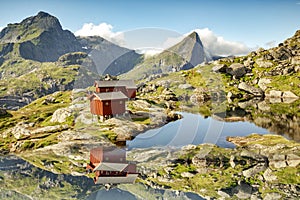 Munkebu Hut on the way to Munkan peak in Lofoten islands, Norway