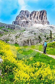 Muntain trail with mountains in Dolomites