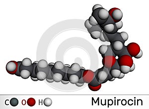 Mupirocin molecule. It is antibacterial ointment used to treat impetigo and skin infections. Molecular model. 3D rendering