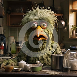 Muppet metaphorical green color chicken, making something in kitchen