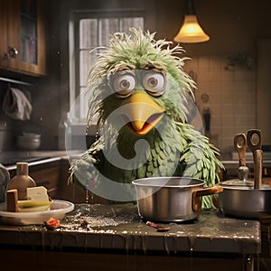 Muppet metaphorical green color chicken, making something in kitchen