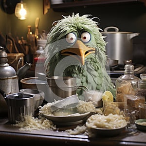 Muppet metaphorical green color chicken, making something in kitchen