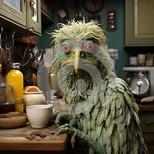 Muppet metaphorical green color chicken, making something in kitchen