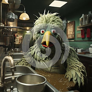 Muppet metaphorical green color chicken, making something in kitchen