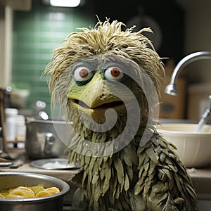 Muppet metaphorical green color chicken, making something in kitchen