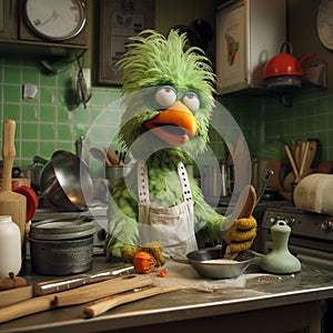 Muppet metaphorical green color chicken, making something in kitchen