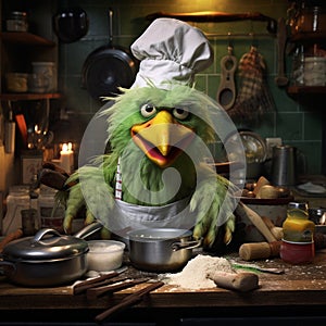 Muppet metaphorical green color chicken, making something in kitchen