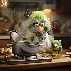 Muppet metaphorical green color chicken, making something in kitchen