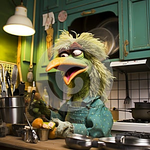 Muppet metaphorical green color chicken, making something in kitchen