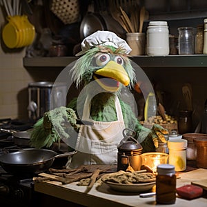 Muppet metaphorical green color chicken, making something in kitchen