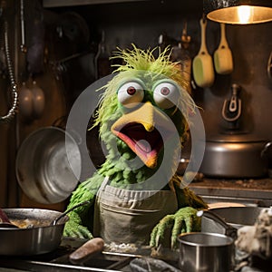 Muppet metaphorical green color chicken, making something in kitchen