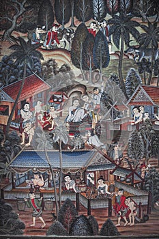 Mural of ancient Thai people's everyday life