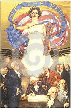 Mural of the Angel of Liberty overlooking the signing of the US Constitution and We The People