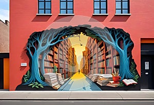 a mural of a book store on a building