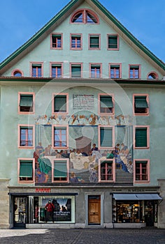 Mural covered building near Weinmarkt Square Lucerne