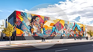 A mural depicting Indigenous stories and legends in a modern urb photo