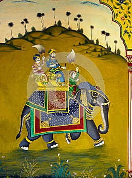 A mural fresco with horsemen on elephants decorated in the Rajasthan style, Rajasthan, India