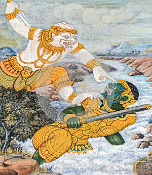 Mural fresco of Ramakien epic at the Grand Palace in Bangkok, Th