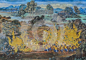 Mural fresco of Ramakien epic at the Grand Palace in Bangkok, Thailand photo