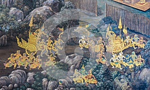 Mural fresco of Ramakien epic at the Grand Palace in Bangkok, Thailand photo