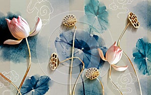 mural Illustration of beautiful White flower decorative on gray wall background 3D wallpaper. Graphical modern art with golden flo