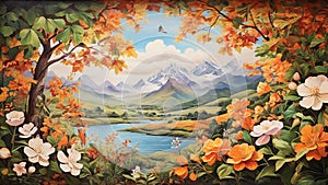 Mural painting: An evocative, nature-inspired composition, showcasing the beauty of the changing seasons, with lush foliage,