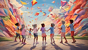 Mural painting: A playful, childhood memory, featuring children playing games, flying kites, or sharing laughter, all captured in