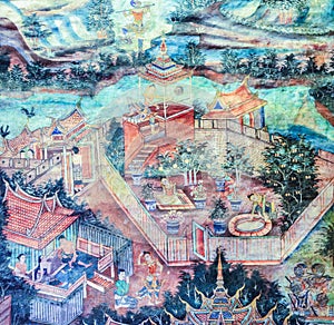 Mural painting of Thai folktale of Songthong photo