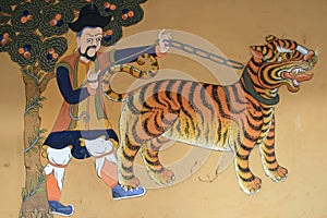 mural paintings in a buddhist fortress (rinpung dzong) in paro (bhutan)