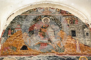 Mural paintings at the entrance of Alaverdi Monastery in the Alazani valley. Kakheti region. Georgia photo
