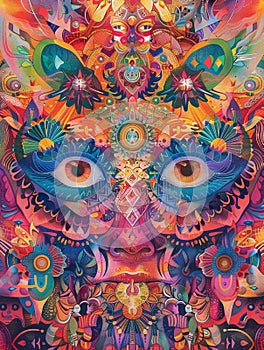 A mural of psychedelic art depicts the prophecy of enlightenment, bursting with kaleidoscopic colors photo