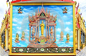 Mural and sculpture thai style on the wall of buddhist temp