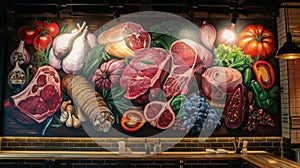 Mural various meats. Wall paint for cafe and restaurant