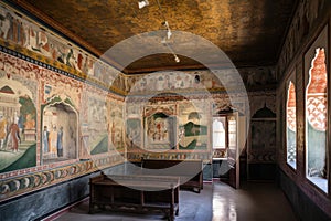 murals depicting scenes from the past, such as historical battles or royal coronations