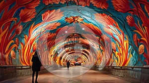 Murals of flowers and foliage adorn the walls and ceiling of a long tunnel creating a vibrant and colorful atmosphere