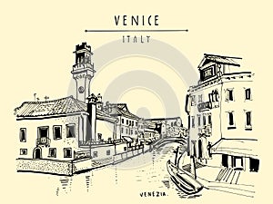 Murano island in Venice, Italy. Hand drawn postcard