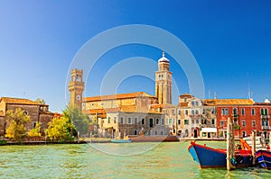 Murano islands cityscape with clock tower Torre dell`Orologio