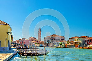 Murano islands water canal, Palazzo da Mula palace, boats, San Pietro Martire church building, Venetian Lagoon