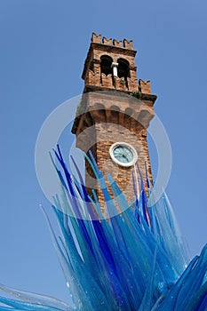 Murano, Italy: San Pietro Martire Bell Tower + blue glass sculpture Simone Cenedese