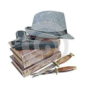 Murder Mystery Books Gun Knives Hat photo