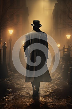 murky haze of the city alley, a mysterious man, donning a black coat and top hat