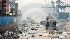 The murky waters of a busy port polluted by the constant traffic of container ships and their cargo