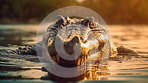 In a murky waters a crocodile lurks, its eyes fixated on its prey. Generative AI